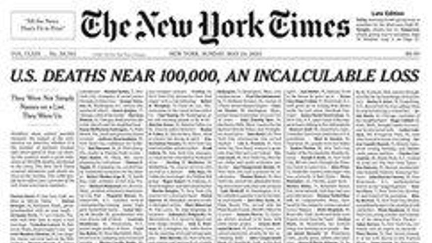 La portada de &#039;The New York Times&#039; homenajea a los casi 100.00 muertos por covid-19 en EEUU