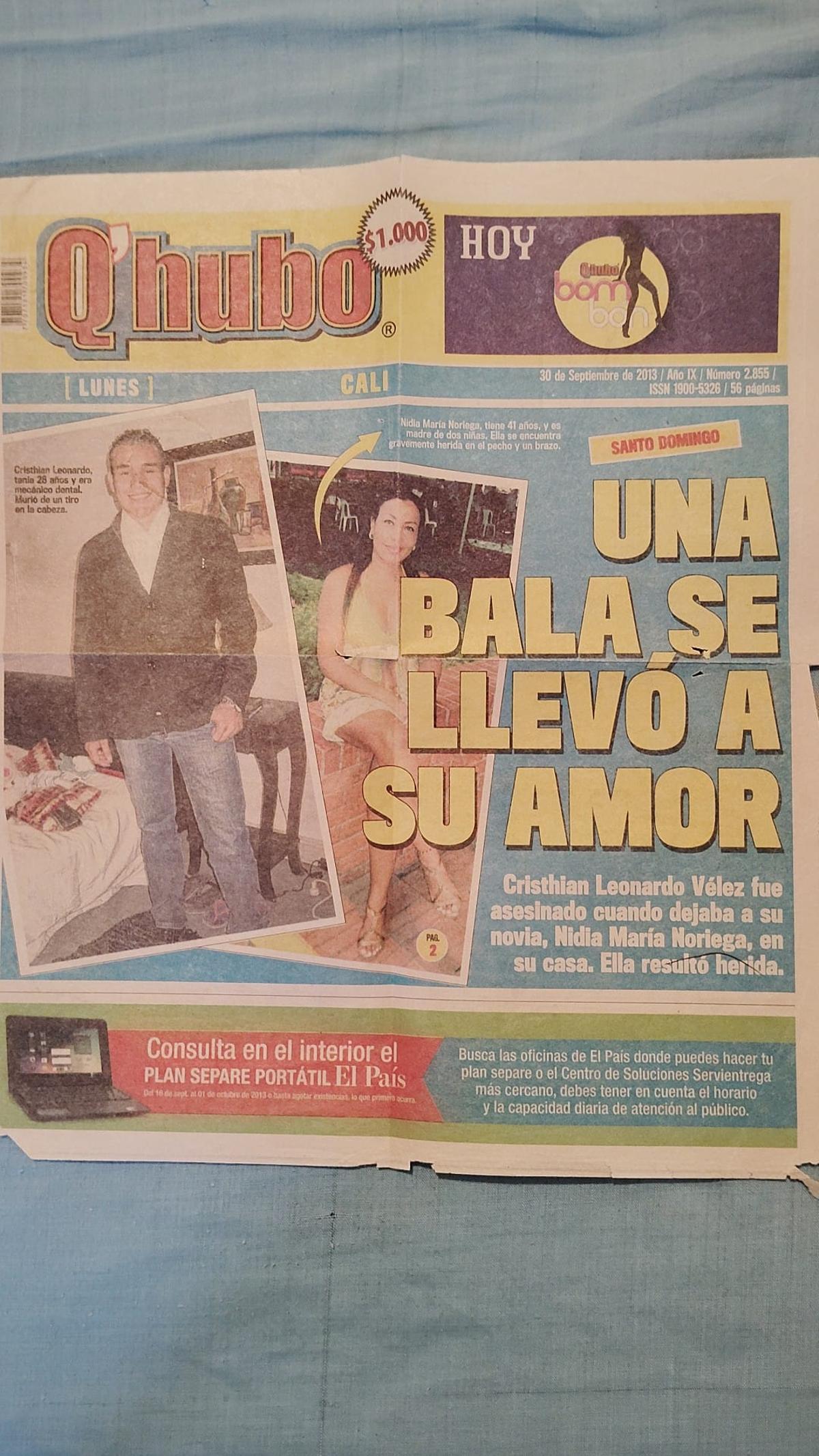 Portada del periódico que informó sobre el atentado que sufrieron Nidia y su novio.