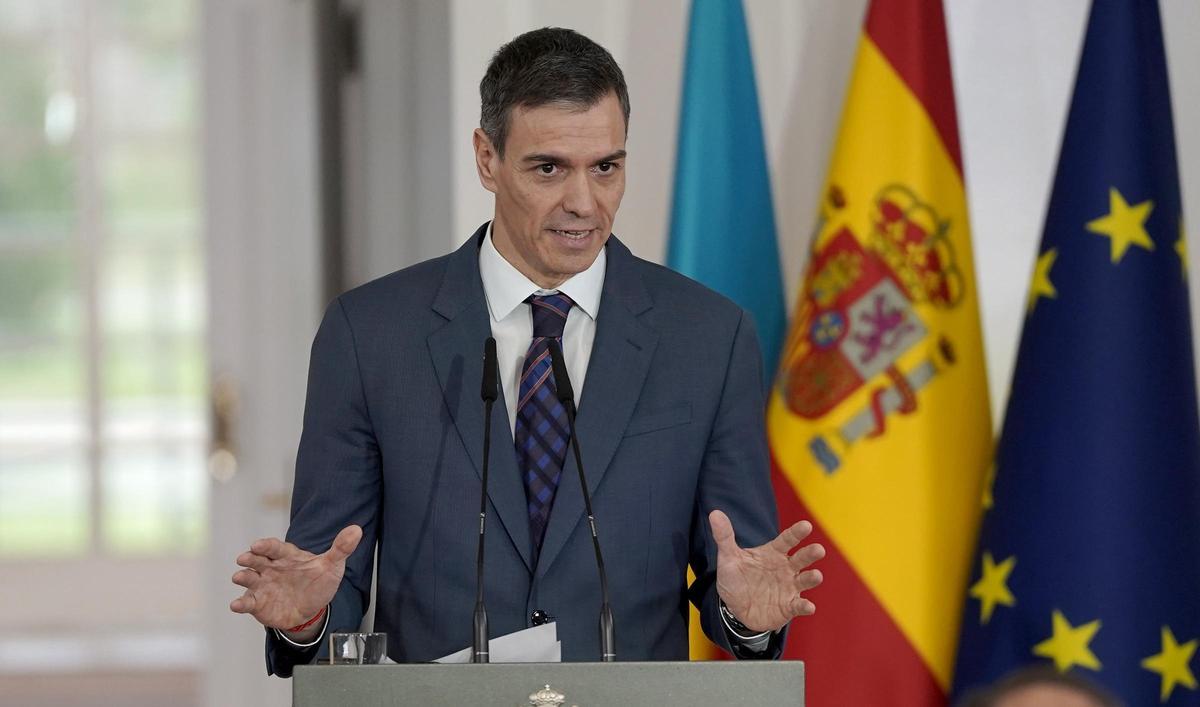 El presidente del Gobierno, Pedro Sánchez, durante el encuentro con el presidente de Ucrania, Volodímir Zelenski, en La Moncloa.