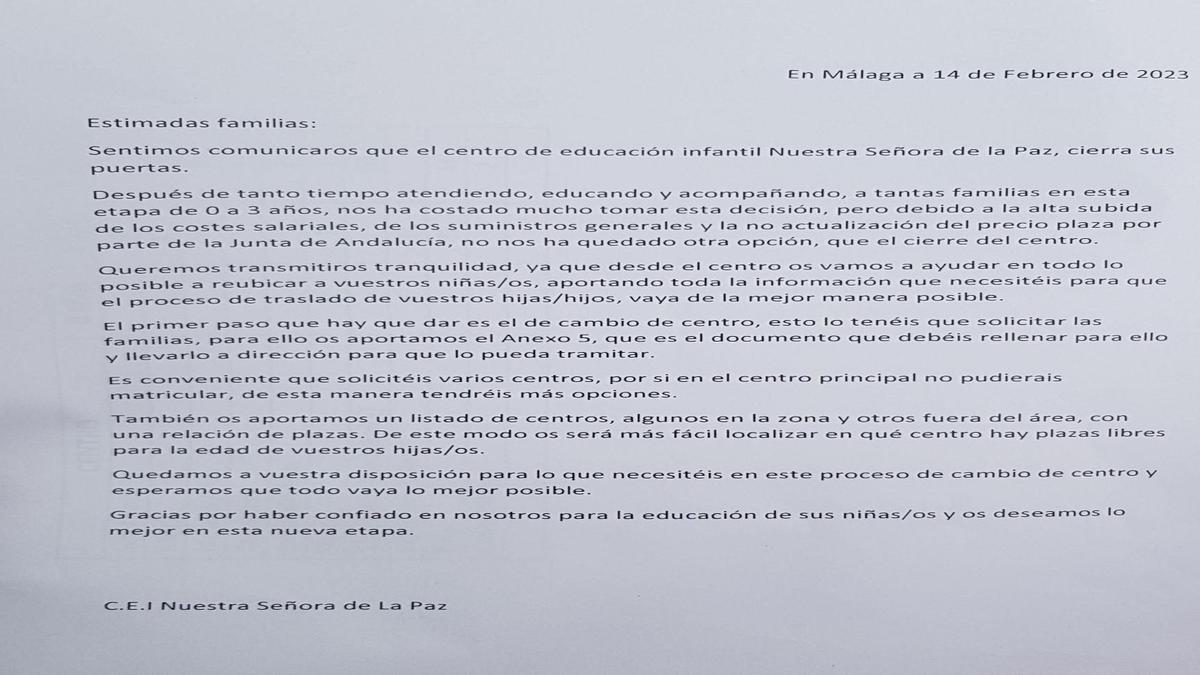 La circular en la que se explica a las familias la decisión de cerrar.