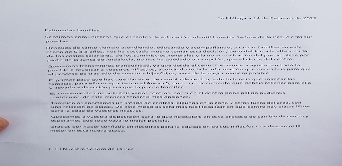 La circular en la que se explica a las familias la decisión de cerrar.