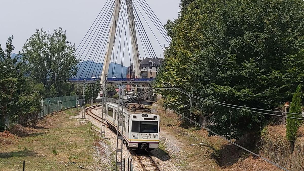 El tren circula por las proximidades del puente atirantado de Sama. | E. P.