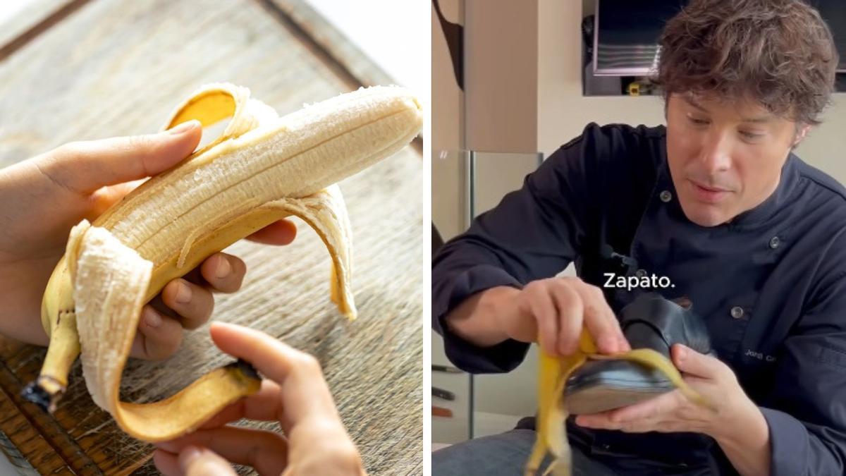 A la izquierda, un plátano, y a la derecha, Jordi Cruz frota la piel del plátano sobre un zapato