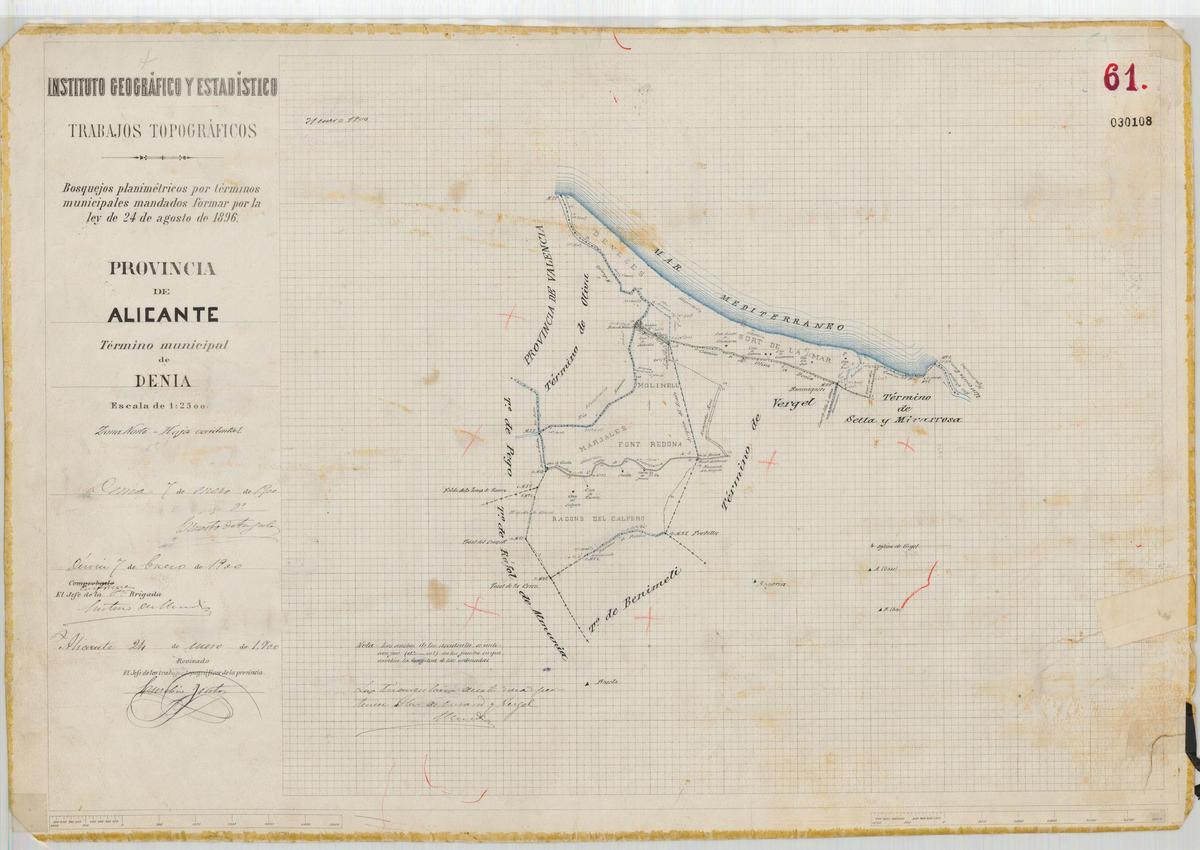 El término municipal de Dénia, a 1 de enero del año 1900 según los trabajos topográficos del Instituto Geográfico y Estadístico, entonces Dirección General del Ministerio de Fomento. A la izquierda del mapa se observa la frontera con Oliva y con la provincia de Valencia.