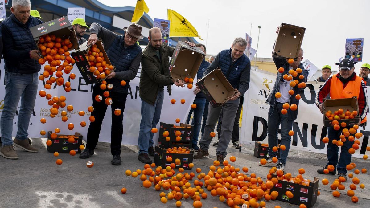 Protesta en el puerto de Castellón contra la entrada de naranjas de terceros países.