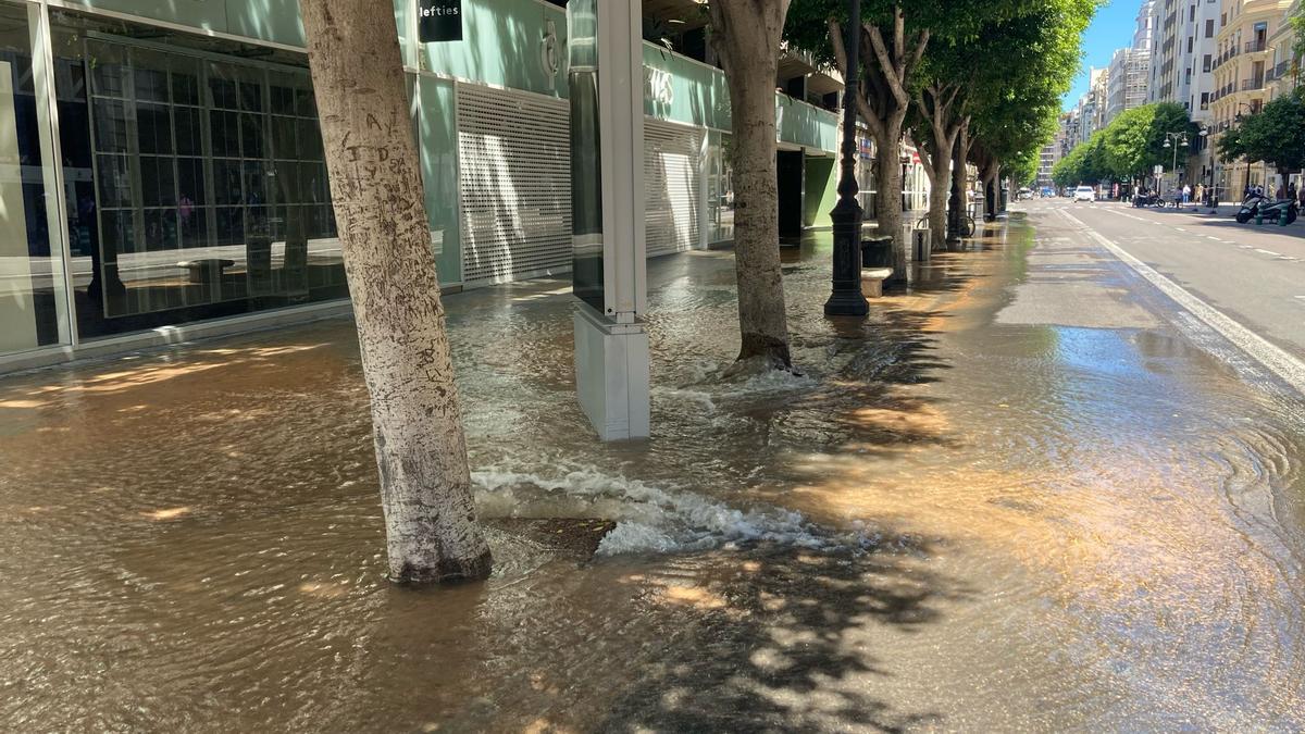 Fuga de agua en la calle Colón de València.