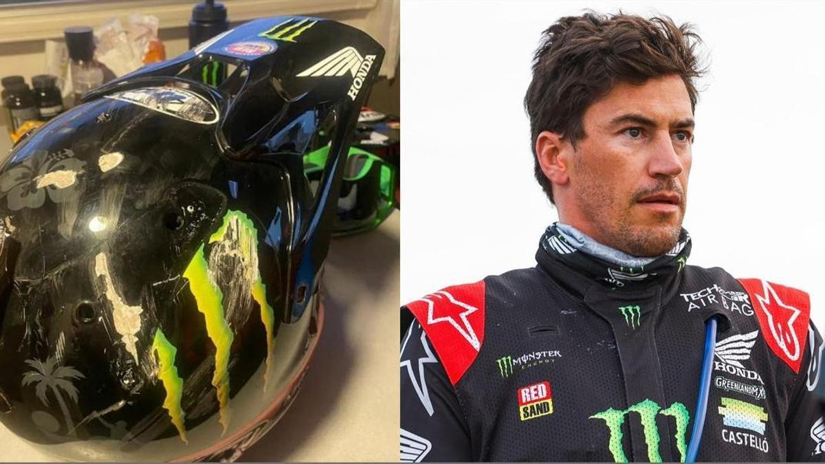 Así quedó el casco de Joan Barreda tras ser golpeado por la moto de Toby Price