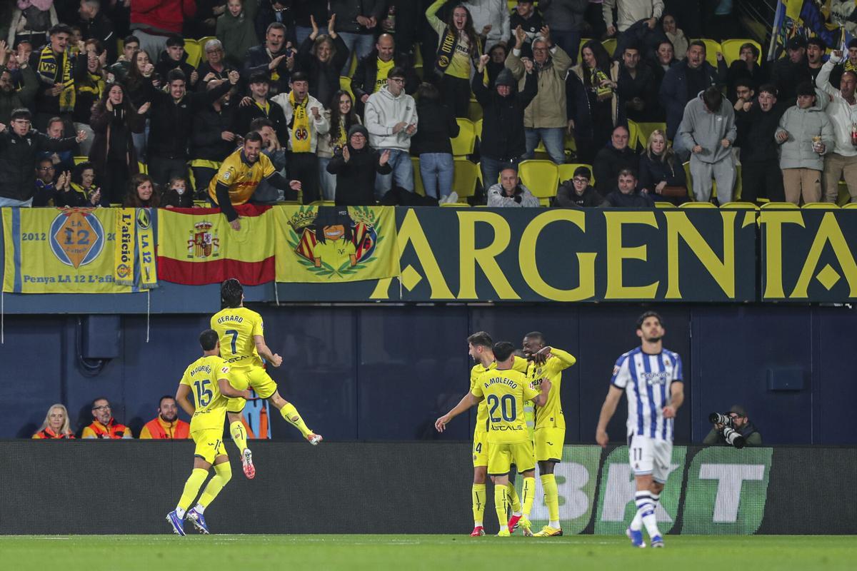 Gerard Moreno of Villarreal CF celebrates a goal with teammates during the Spanish league, LaLiga EA Sports, football match played between Villarreal CF and Real Sociedad at La Ceramica stadium on March 20, 2026, in Villarreal, Spain. AFP7 20/03/2026 ONLY FOR USE IN SPAIN. Ivan Terron / AFP7 / Europa Press;2026;Soccer;Sport;ZSOCCER;ZSPORT;Villarreal CF V Real Sociedad - LaLiga EA Sports
