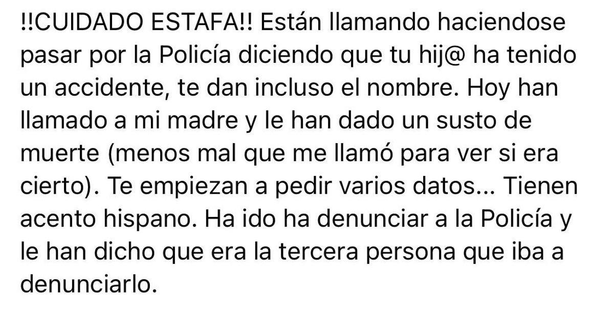 Publicación en Facebook en la que alertan del timo.