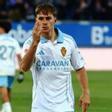 Dani Gómez celebra el 1-0 del Real Zaragoza al Racing.