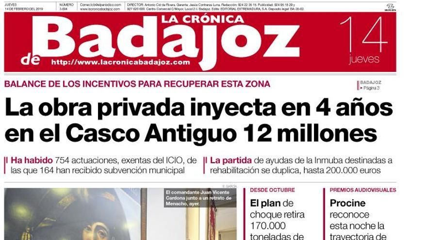 Esta es la portada de LA CRÓNICA DE BADAJOZ correspondiente al día 14 de febrero del 2019