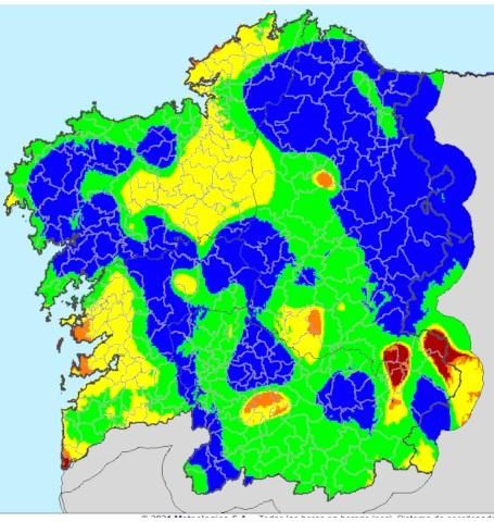 IRDI (índice de riesgo de incendios) en Galicia a 14 de junio.