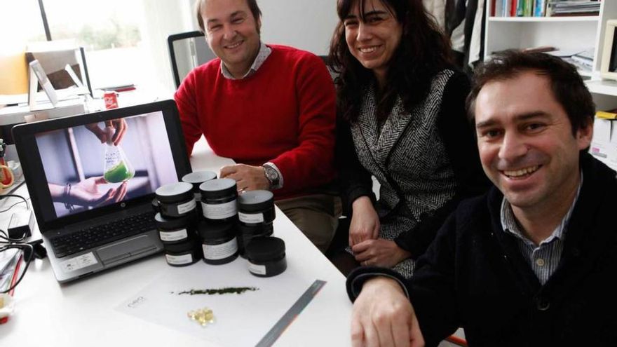 Por la izquierda, Fidel Delgado, María Álvarez e Ignacio Albert, en la sede de Neoalgae, en el Espacio Tecnológico Campus.
