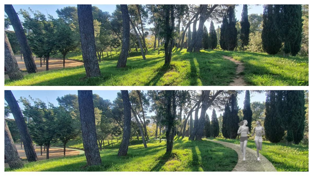 La zona dels arbres actual, amb un nou camí en una imatge virtual.