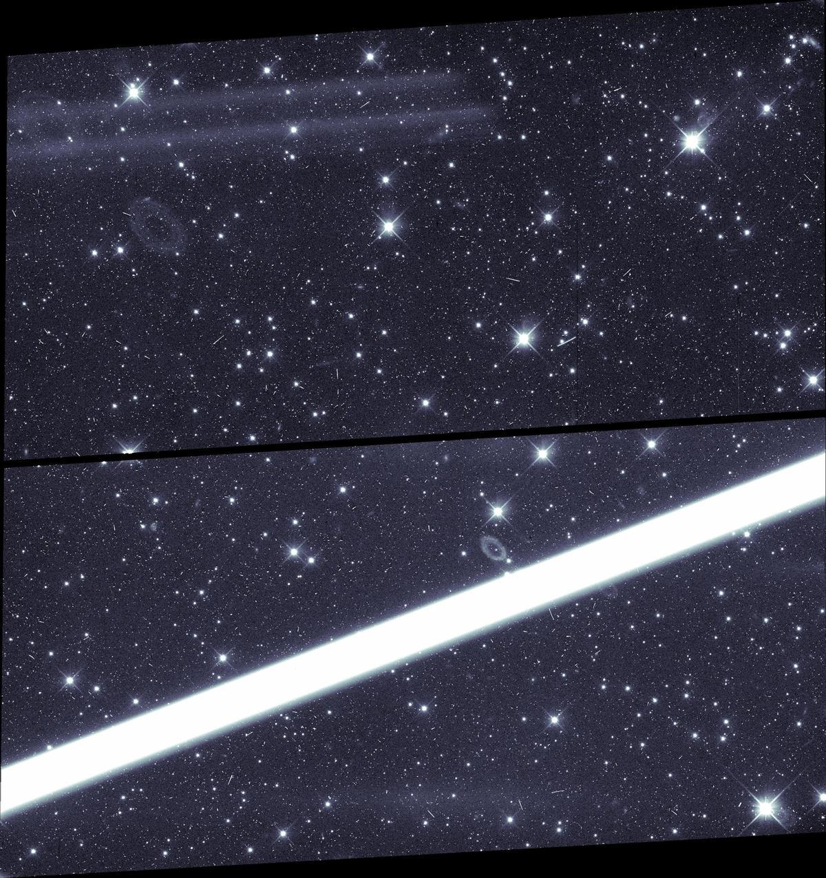 Satélite Starlink observado por el Telescopio Espacial Hubble el 2 de Noviembre 2020. La linea representa la luz reflejada por el satélite 1619 de la constelación Starlink, que se encontraba a una distancia estimada en tan sólo 89 kilómetros del Telescopio Espacial Hubble, oscurando la emisión de las estrellas y galaxias del fondo, objeto de estudio del instrumento científico.