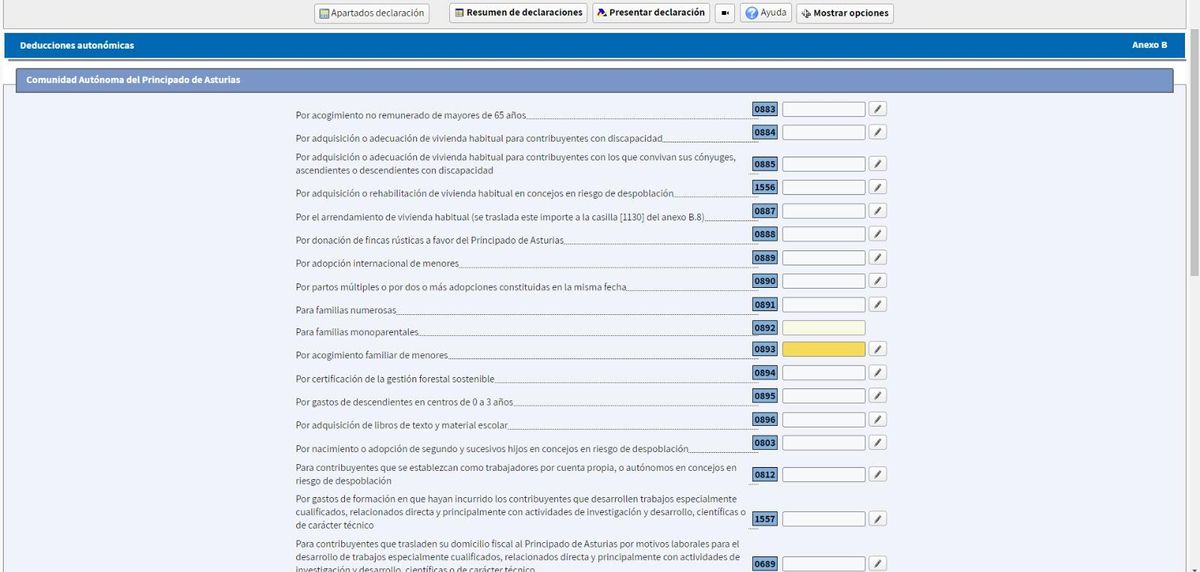 Las deducciones disponibles en Asturias que se pueden seleccionar en la declaración de la renta.