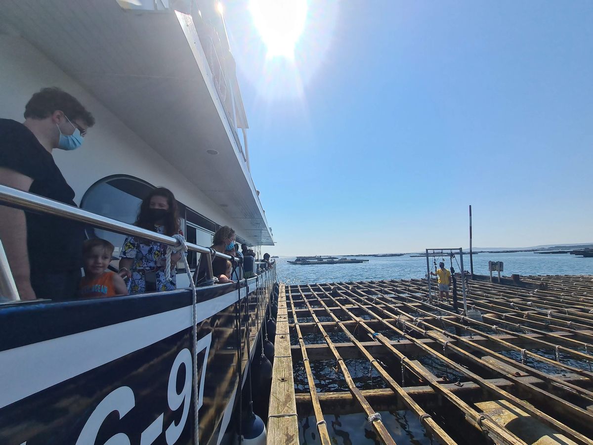 Uno de los catamaranes, abarloado a una batea.