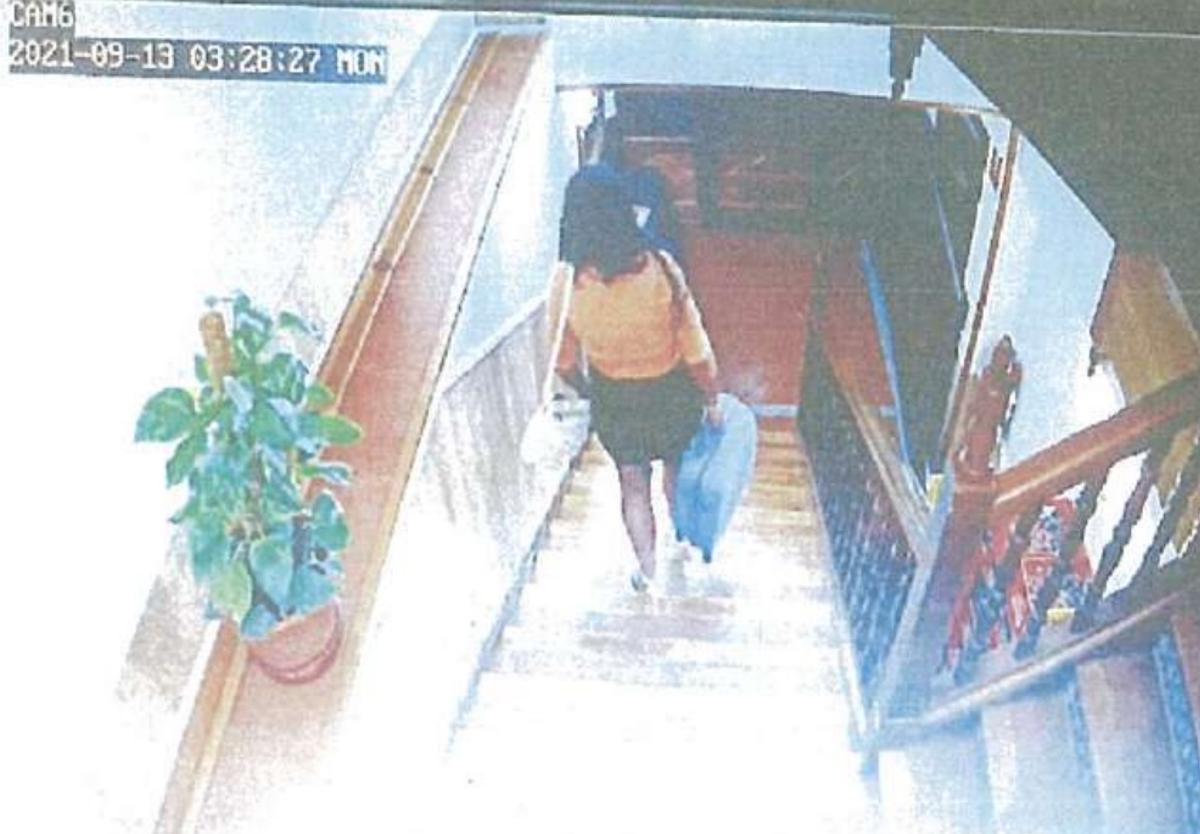 Imagen de las cámaras de seguridad del hotel donde se ve a Macarena saliendo del establecimiento con una maleta.