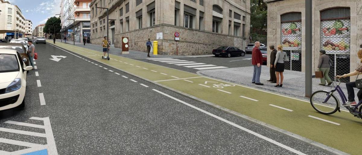 Infografía de la senda peatonal y ciclista prevista en la Avenida das Caldas.