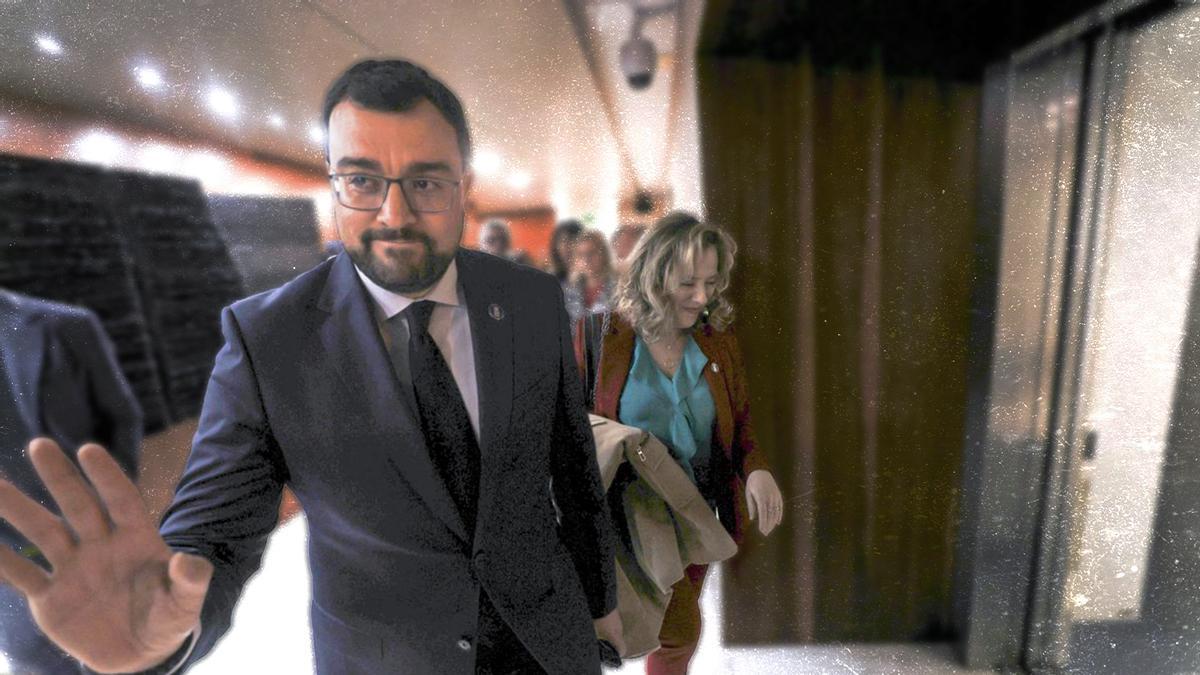Adrián Barbón, saliendo de la Junta con Belarmina Díaz detrás