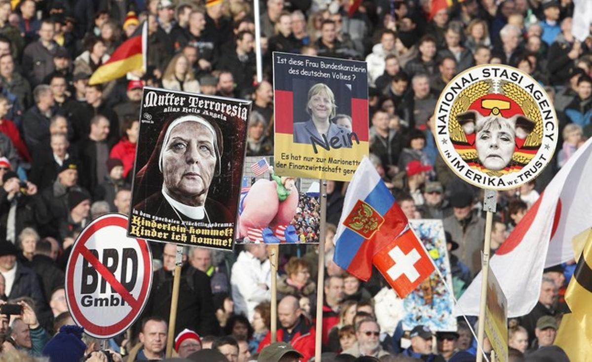 Concentración de seguidores del grupo xenófobo e islamófobo Pegida en Dresde.