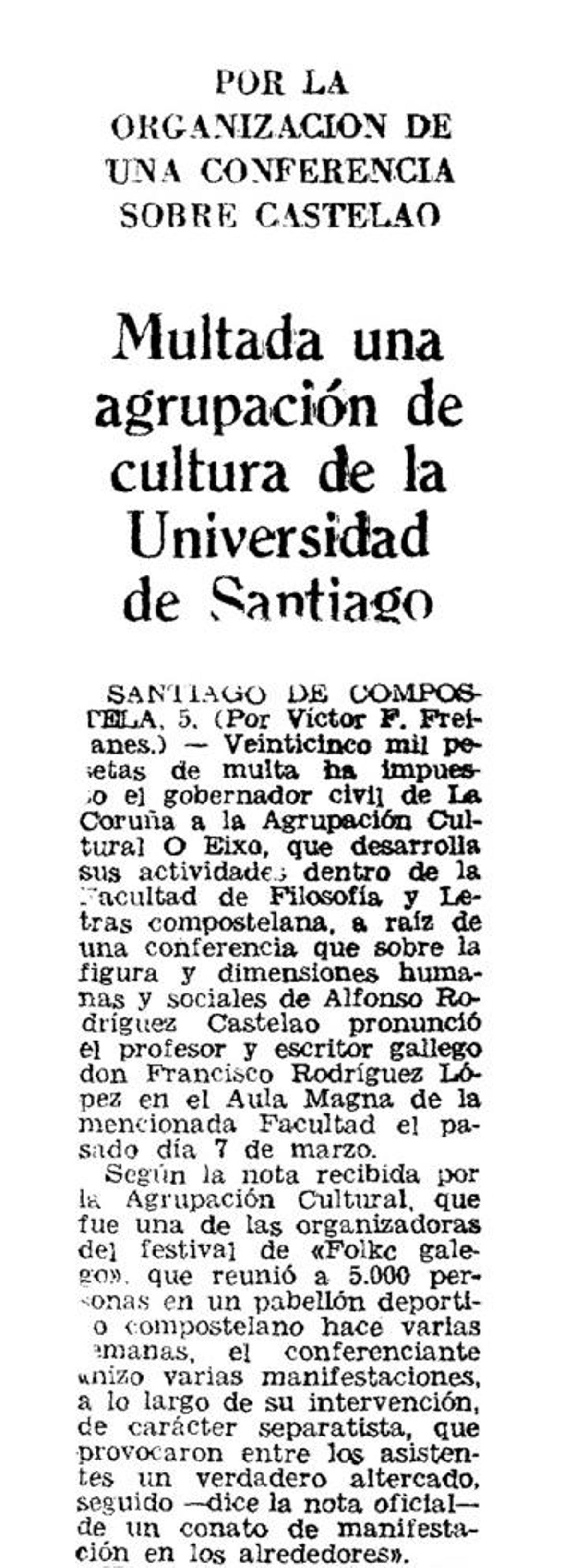 Recorte de prensa sobre a multa á agrupación O Eixo pola celebración dunha conferencia sobre Castelao