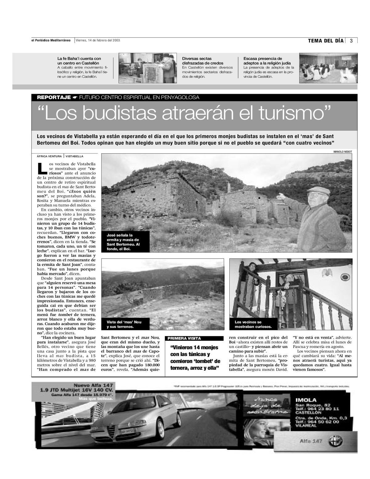 Imagen del periódico del 14 de febrero del 2003 en el que los vecinos valoraban la posible llegada de los budistas a la zona.