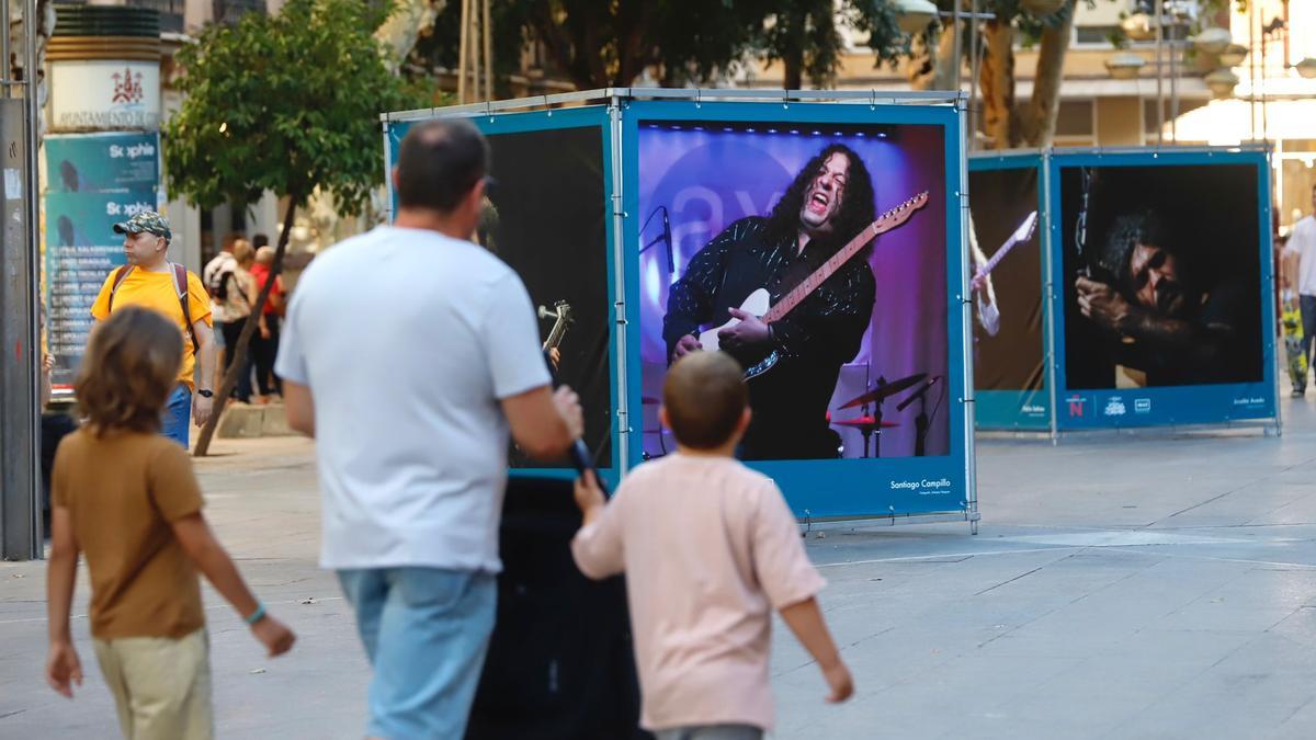 Viandantes observan la exposición &#039;Guitarras con Ñ&#039; en el Bulevar Gran Capitán.