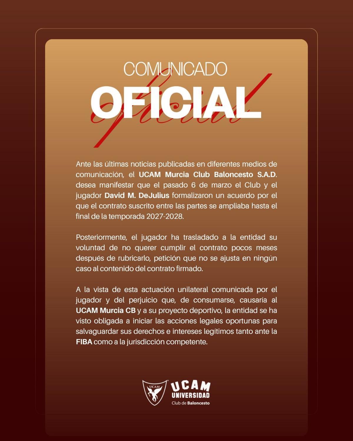 Comunicado oficial del UCAM Murcia sobre el caso David DeJulius.