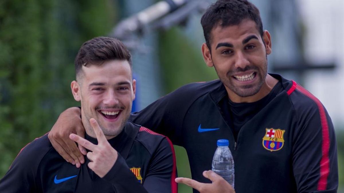 Arnaiz, con nuevo 'look', y Fali, muy bromistas durante el entrenamiento previo al derbi en Tarragona