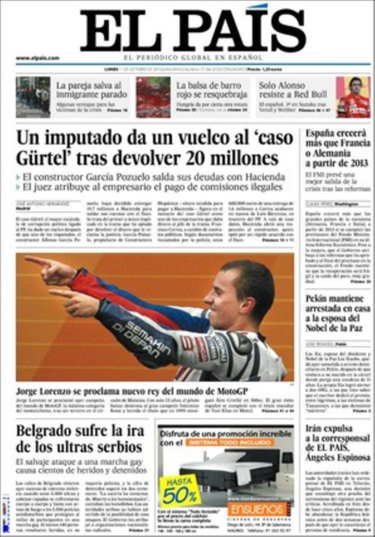 ’El País’, a més dels temes que porta a la primera pàgina, destaca a dins que Israel exigirà lleialtat a l’Estat jueu per atorgar la nacionalitat, que Espanya és el principal client de MAL, l’empresa del vessament tòxic hongarès, i que la nombrosa investigació de la universitat espanyola té poca repercussió pràctica.