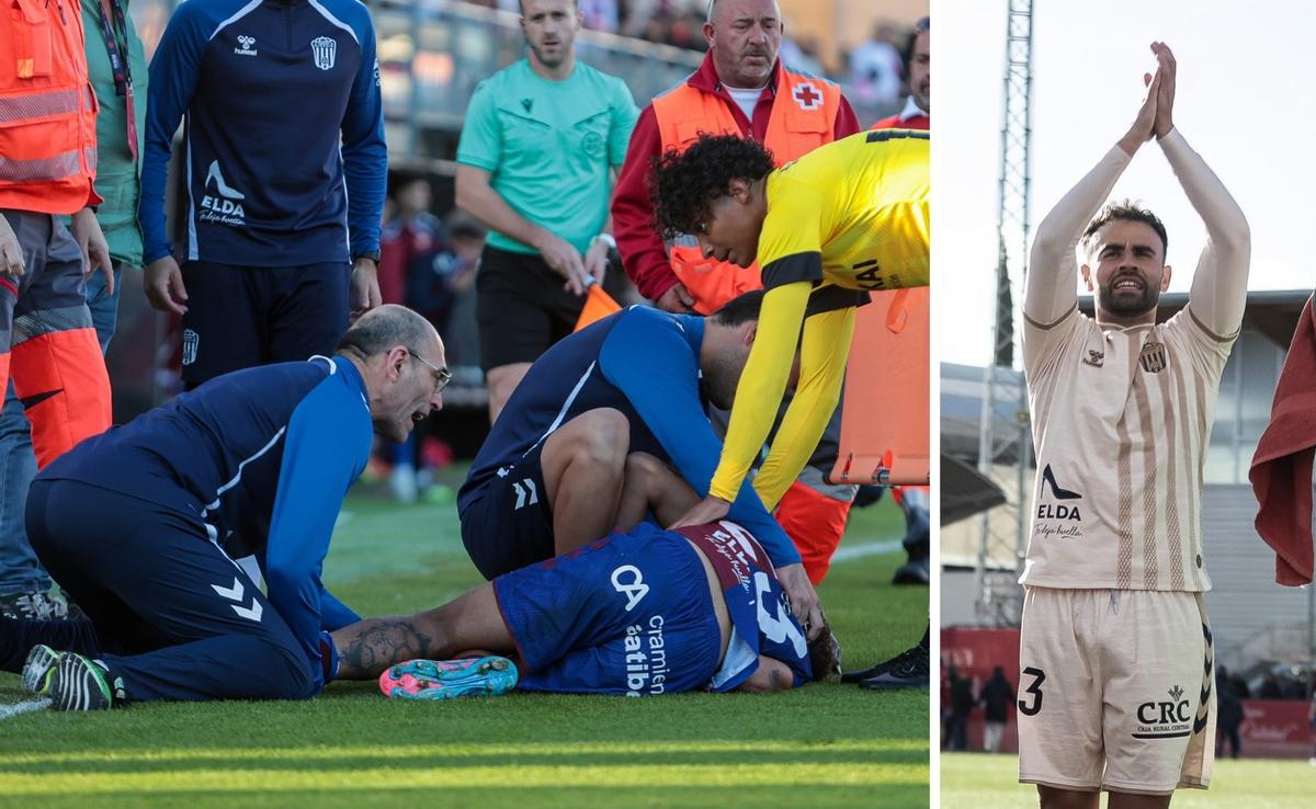 A la izquierda, Jaime Vallejo en el suelo tras su fractura del tobillo izquierdo, en el derbi frente al Hércules de la primera vuelta. A la derecha, el pasado domingo, tras su regreso en Tarazona.