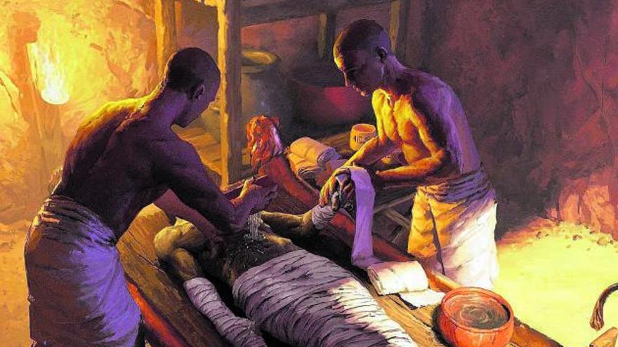 Recreación artística de un taller de embalsamamiento en el antiguo Egipto. | LP/DLP