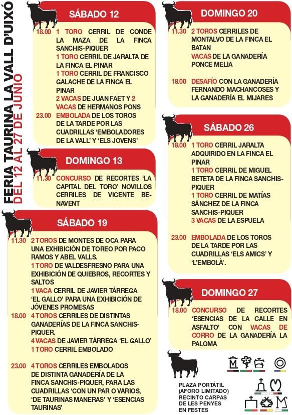 Programación por días de la Fira Taurina de la Vall d&#039;Uixó.