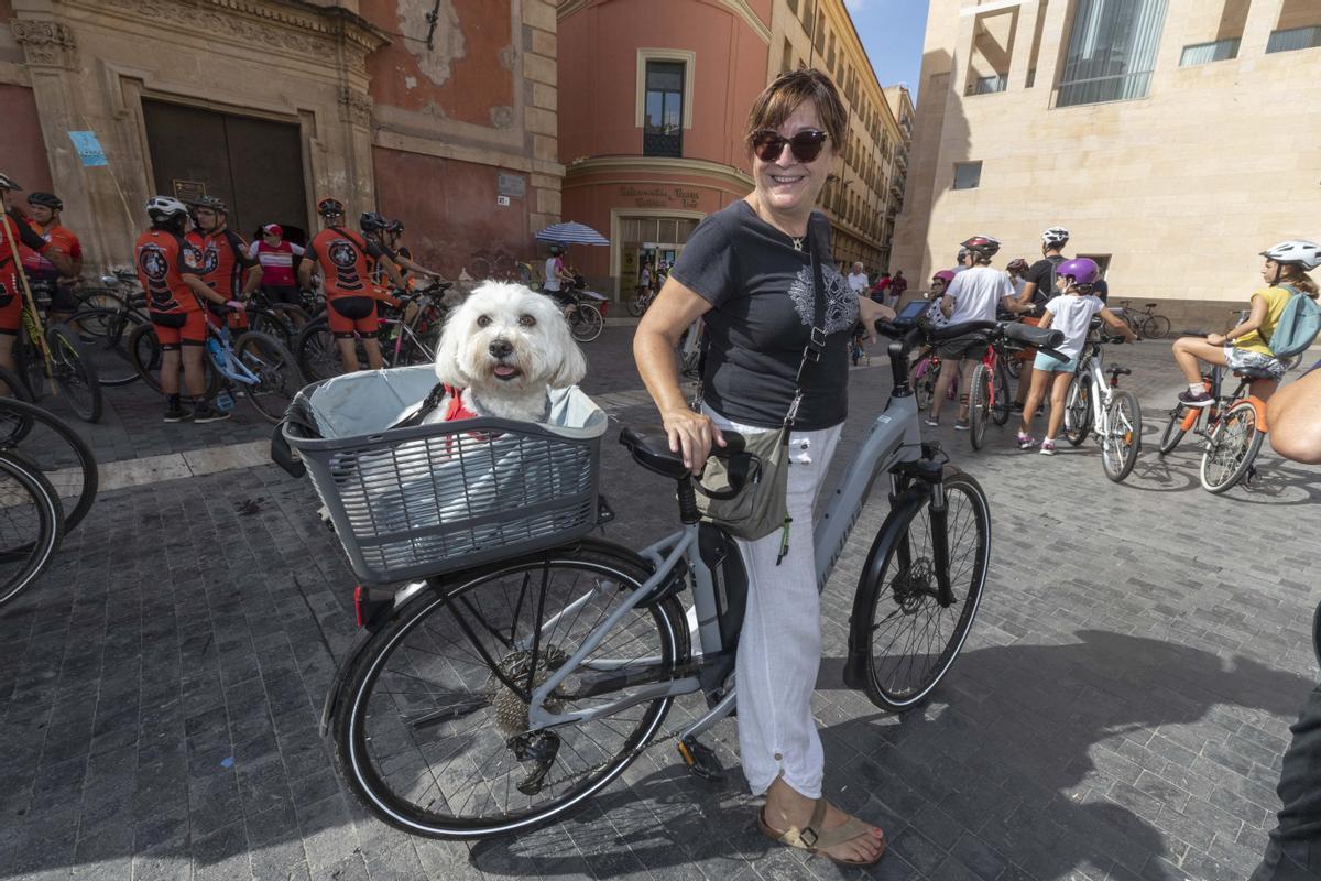 Una mujer se manifiesta con su bici y su perro en la plaza Belluga.