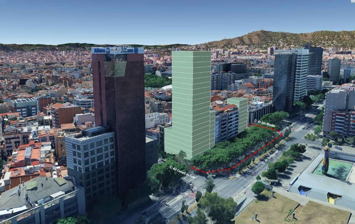 Simulación de la cuarta torre pendiente de construcción que completará el plan aprobado en 1987 para la calle Tarragona, en Barcelona.