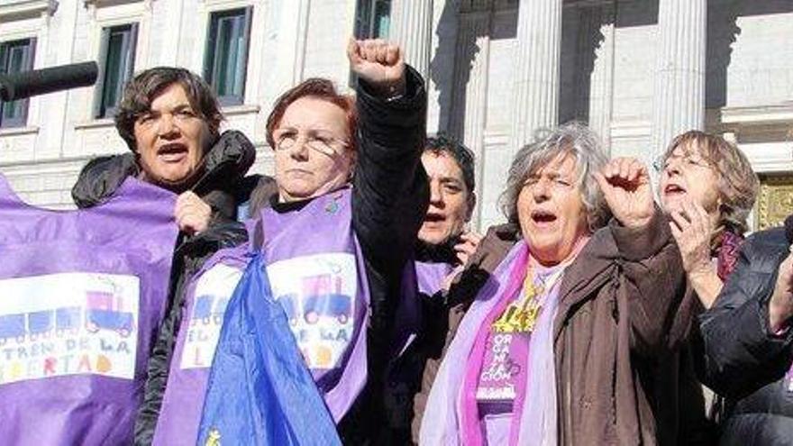 Las asturianas dan las gracias por el apoyo en Madrid, a las puertas del Congreso.