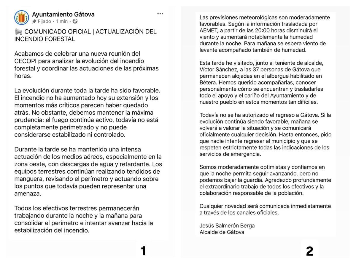 Comunicado oficial que ha emitido el Ayuntamiento de Gátova a través de sus redes sociales.