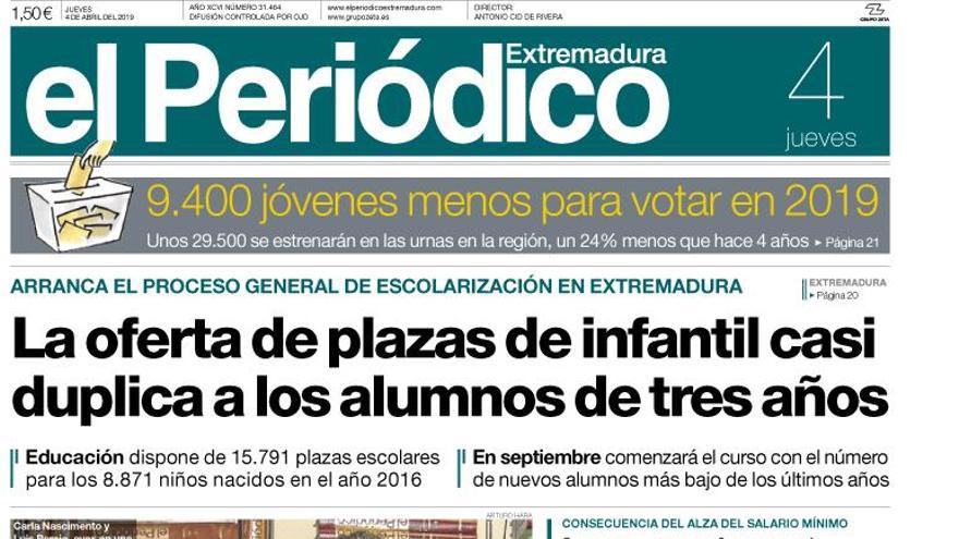 Esta es la portada de EL PERIÓDICO EXTREMADURA correspondiente al día 4 de abril del 2019