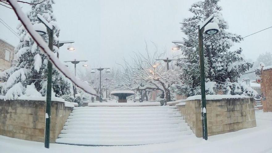 El parque de Alfafara cubierto de nieve.