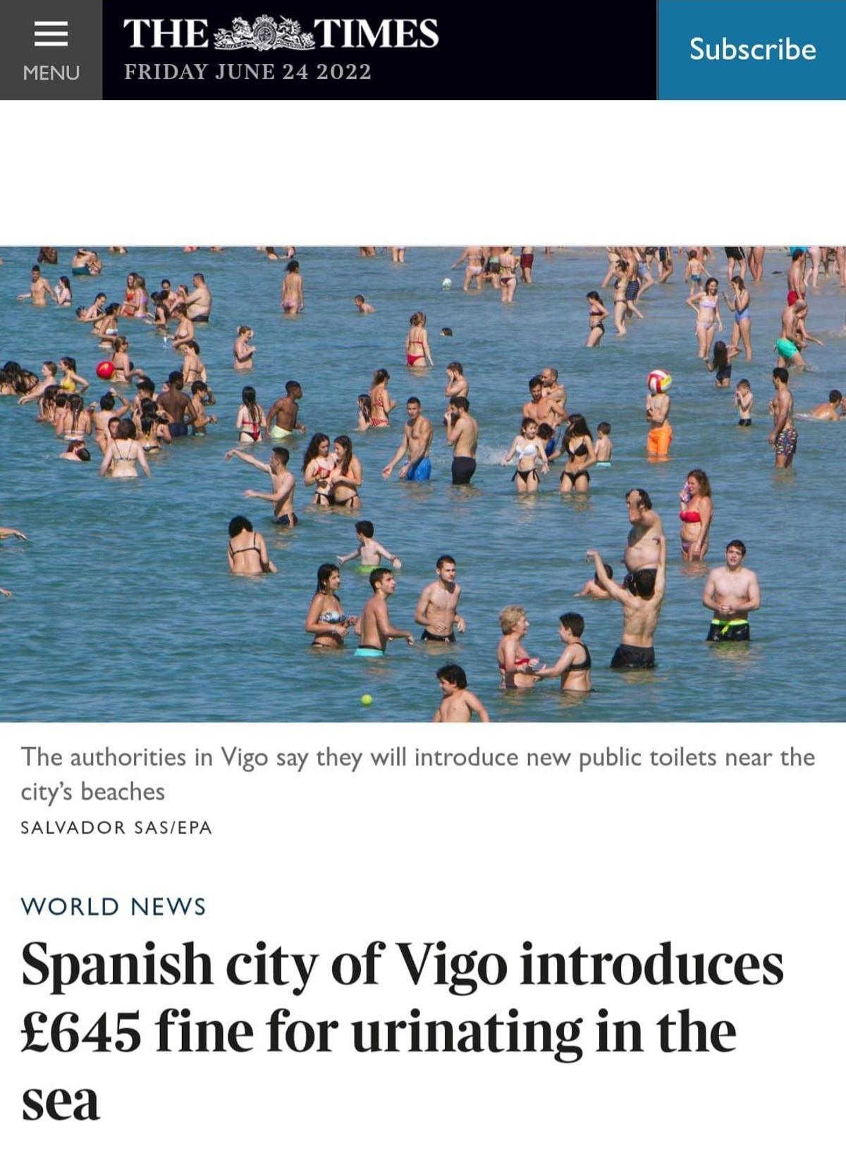 Artículo sobre la multa por orinar en las playas de Vigo de 'The Times'.