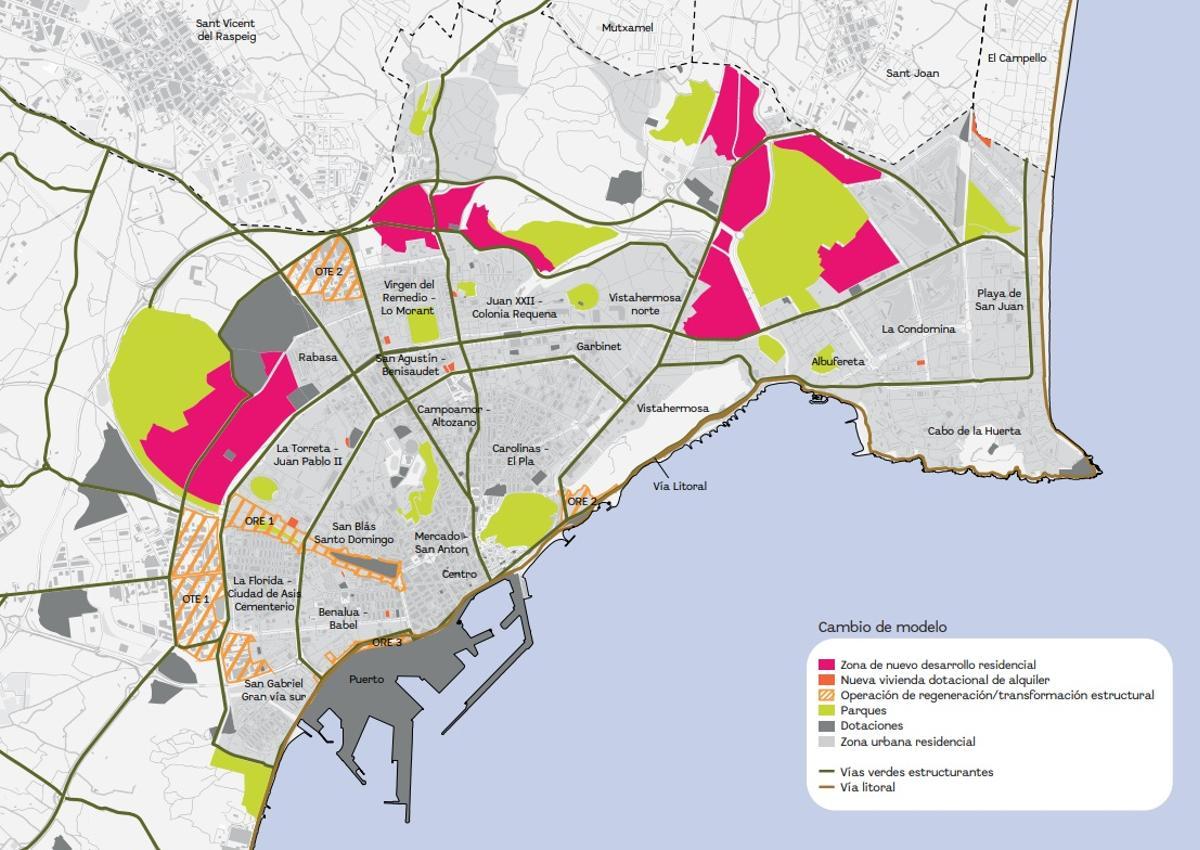 El documento identifica ocho zonas de nuevo desarrollo residencial en Alicante