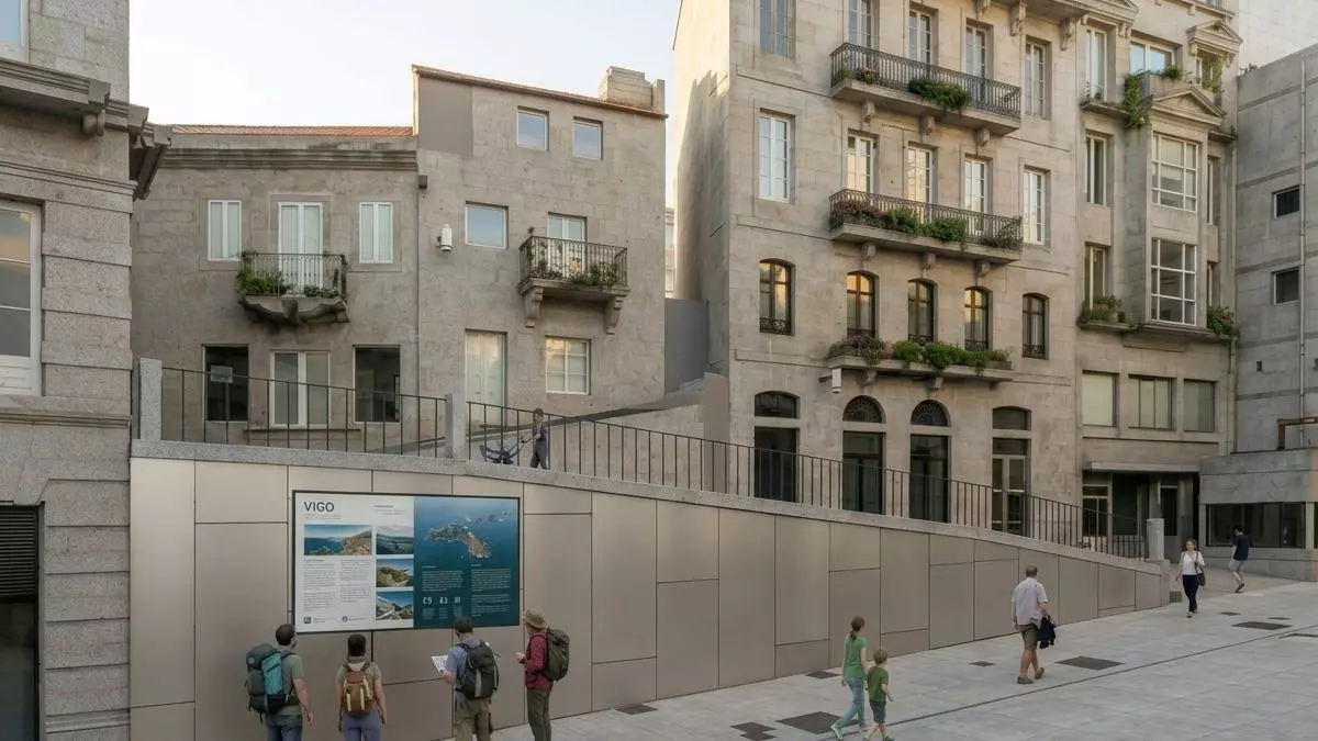 Así lucirán los locales comerciales de la Porta do Sol de Vigo: fachada integrada con el espacio, iluminación ornamental y punto informativo