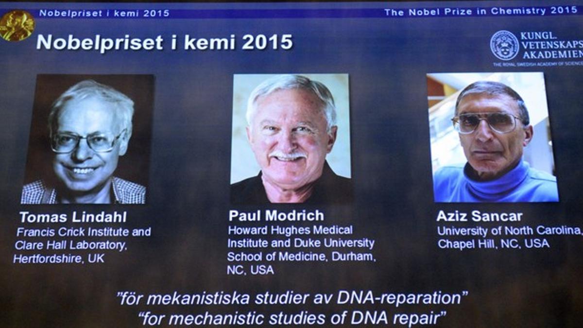 Los ganadores del Nobel de Química; Tomas Lindahl, Paul Modrich y Aziz Sancar.