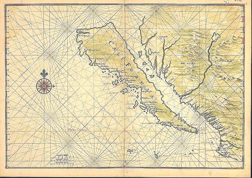 Mapa de la península de la Baja California, todavía representada como una isla (ca. 1650)