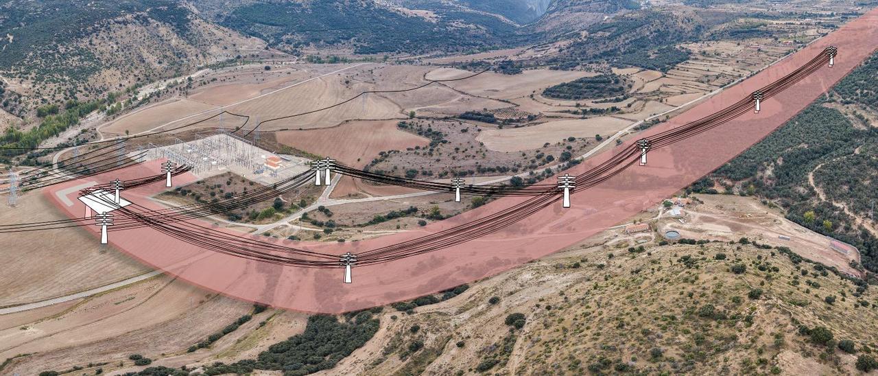 Recreación que muestra por dónde discurriría el trazado que plantea Forestalia, que pasaría a escasos metros de la masía Fraiximeno, en Morella.