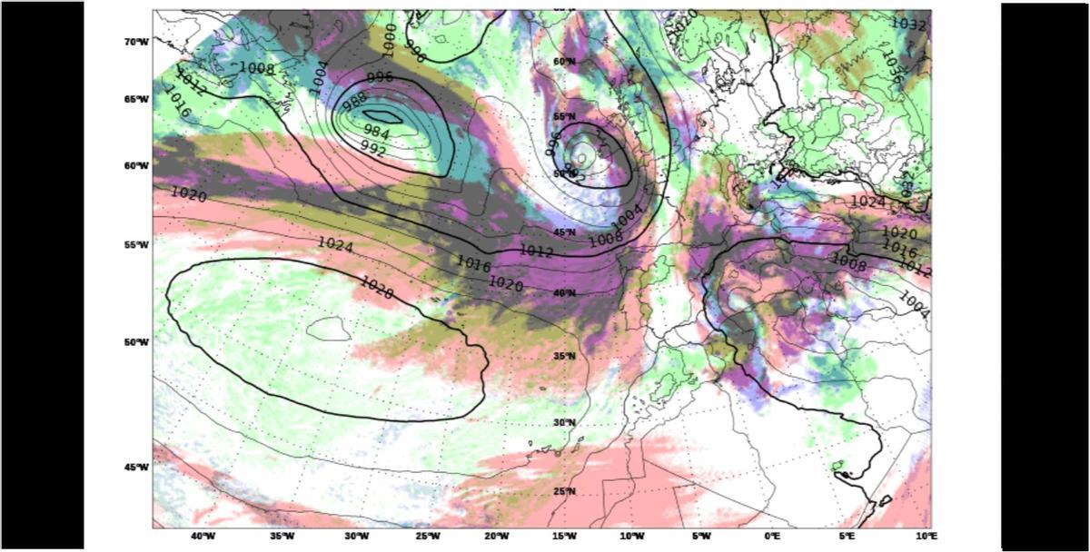 Evolución de las borrascas en los cielos cercanos a la península Ibérica en las horas previas a hoy miércoles, 21 de enero.