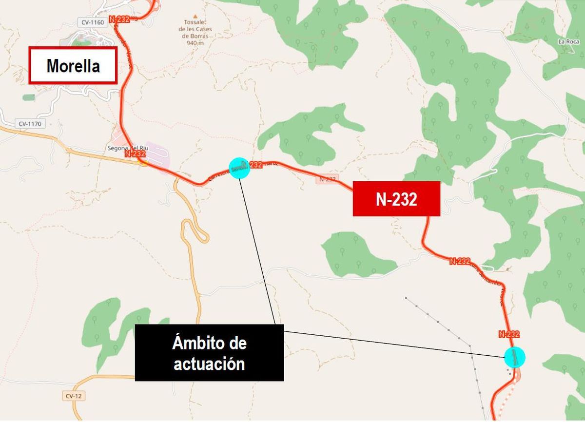 Ámbito de actuación del tramo que falta mejorar en la N-232 en Castellón.
