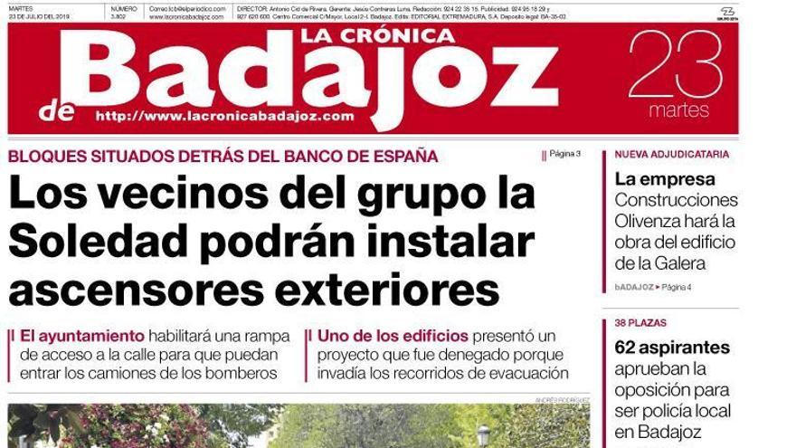 Esta es la portada de LA CRÓNICA DE BADAJOZ correspondiente al día 23 de julio del 2019