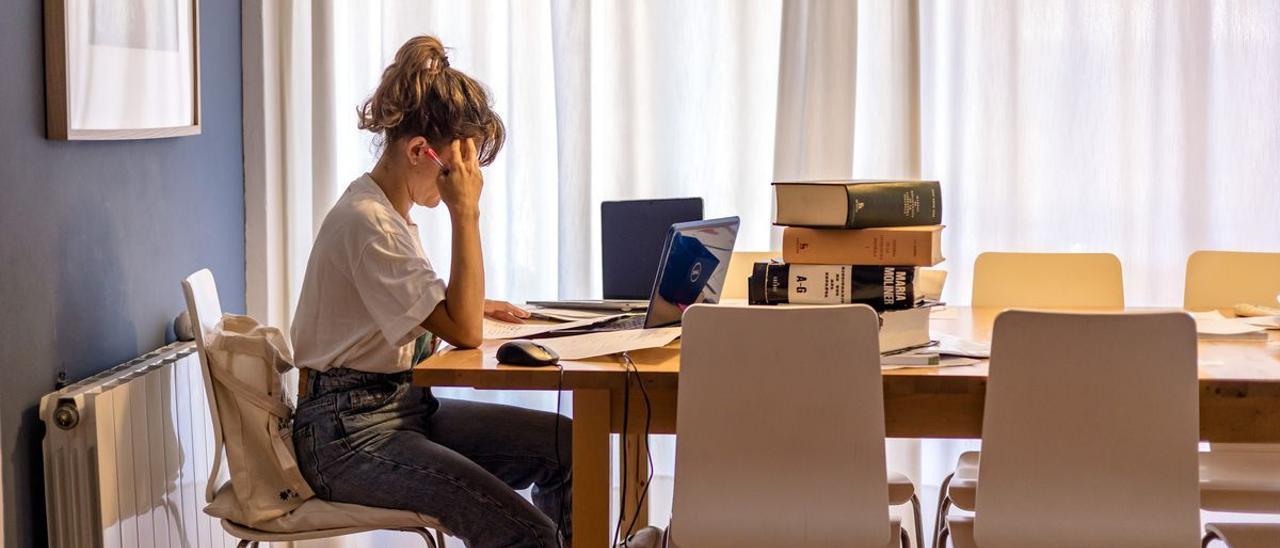 Una joven estudia delante del ordenador y libros.